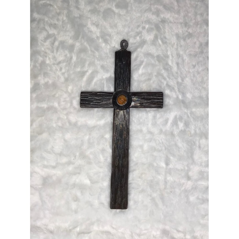Rustic Textured Metal Wall Cross w/ Amber Center‎ Stone Religious Western 11 x 5